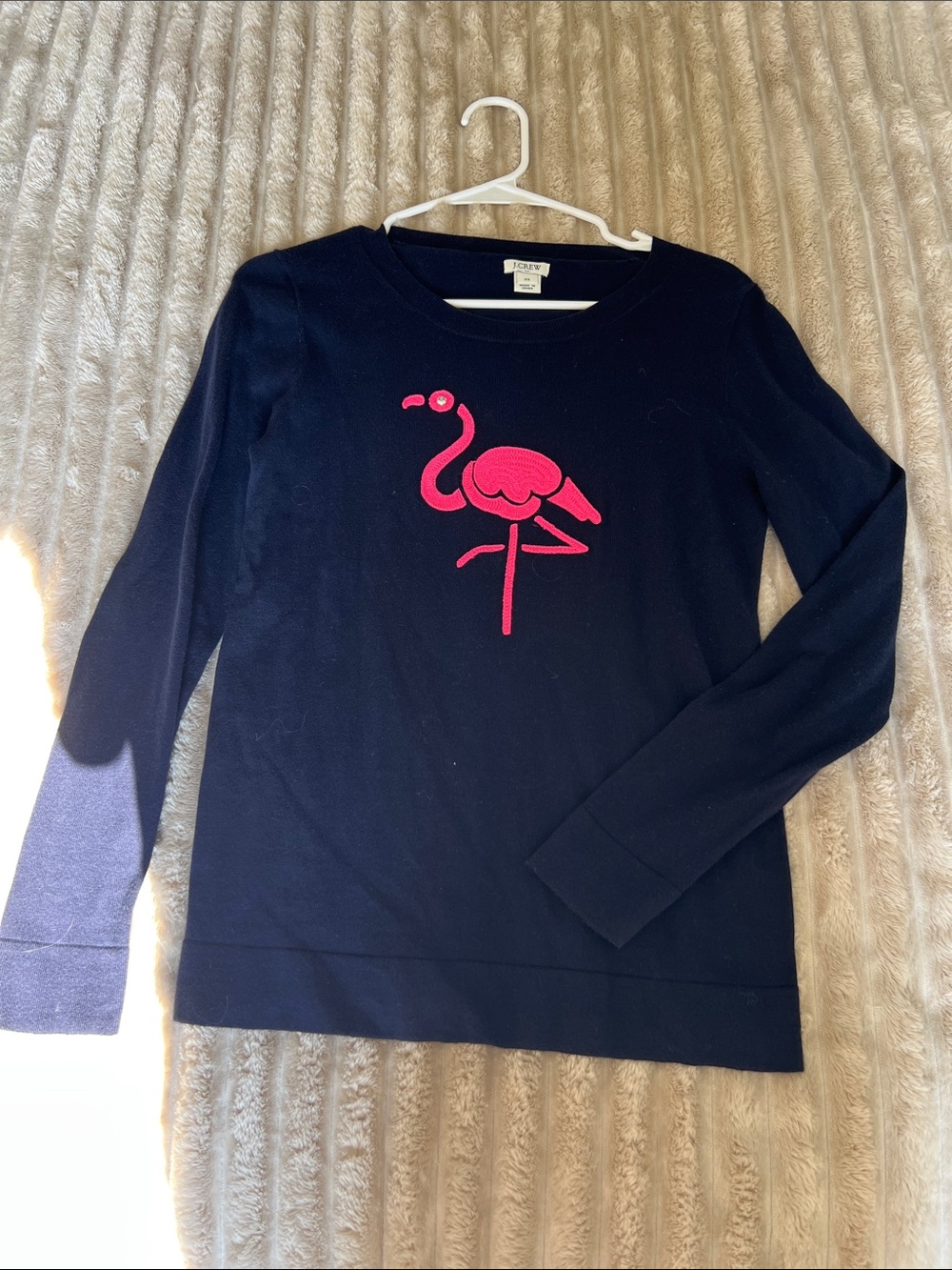 J. Crew Factory Navy Sweater with Pink Flamingo Motif